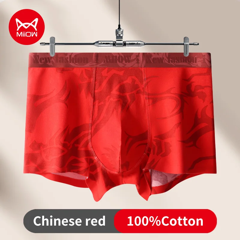 

MiiOW 3pcs Lucky New Year Red Print Cotton Men Underwear 7A Antibacterial Men's Panties Boxershorts Mens Underpants Boxer Shorts