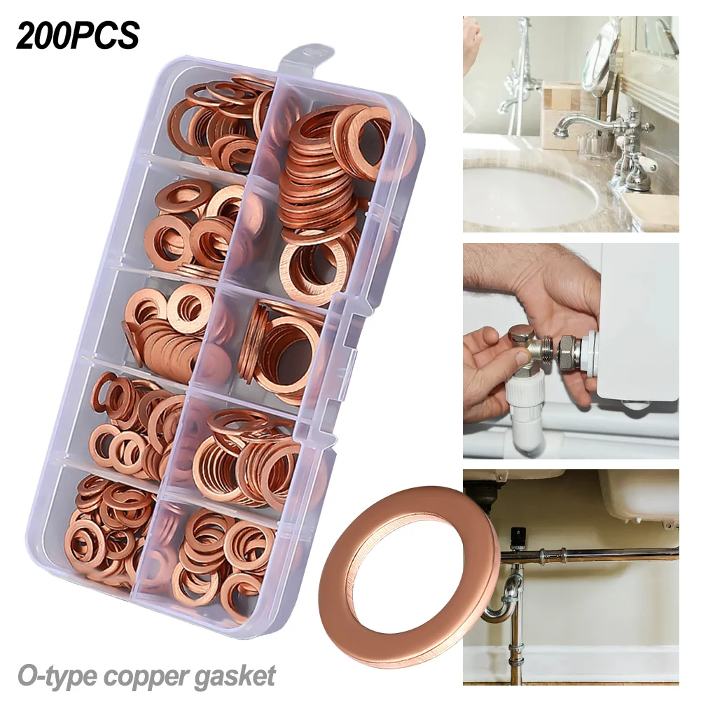 200 Pieces Copper Crush Washer Seal O-Ring Gasket Kit Oil Plug Sealing Ring For Engine Drain Plugs Automobiles Marine Hardware