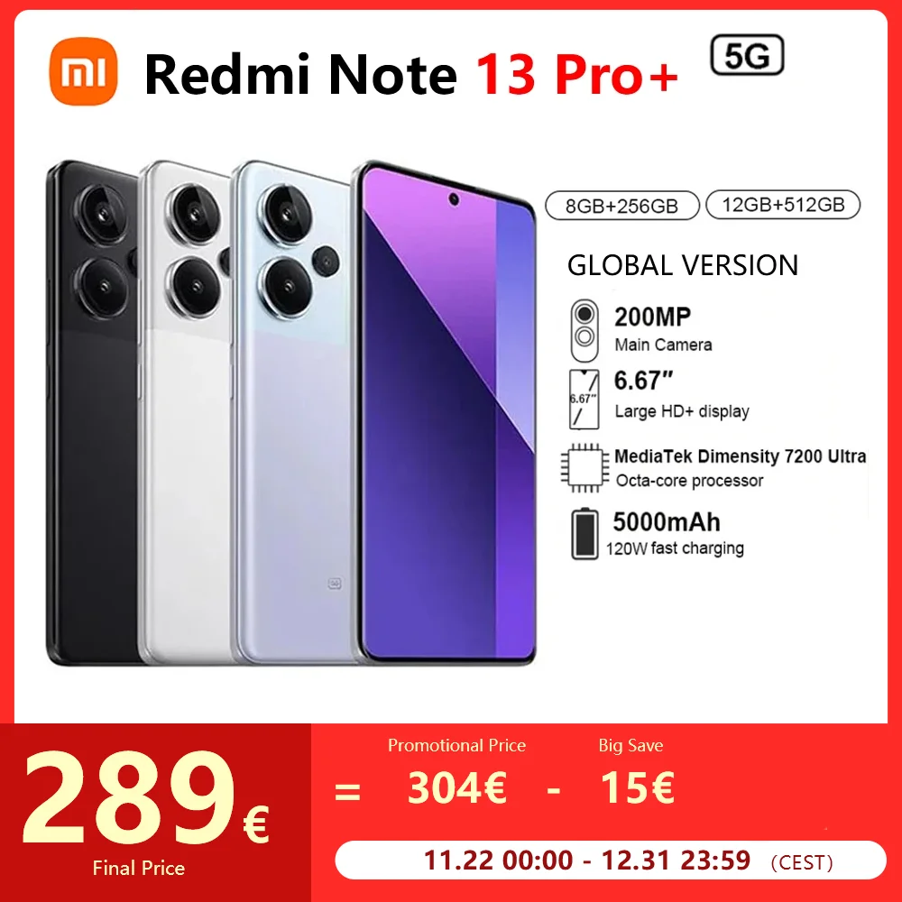 Xiaomi redmi note 13 pro plus + 5g smartphone globale version mtk dimentity 7200-ultra 200mp ois kamera nfc 120w hyper charge