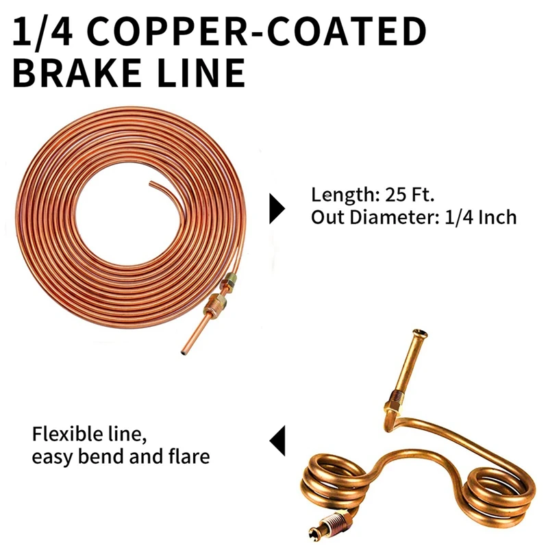 1/4 Brake Line - Brake Tubing Kit 25 Ft. With 16 Inverted Flare Fittings And 4 Unions+Double & Single Flaring Tool Kit Durable