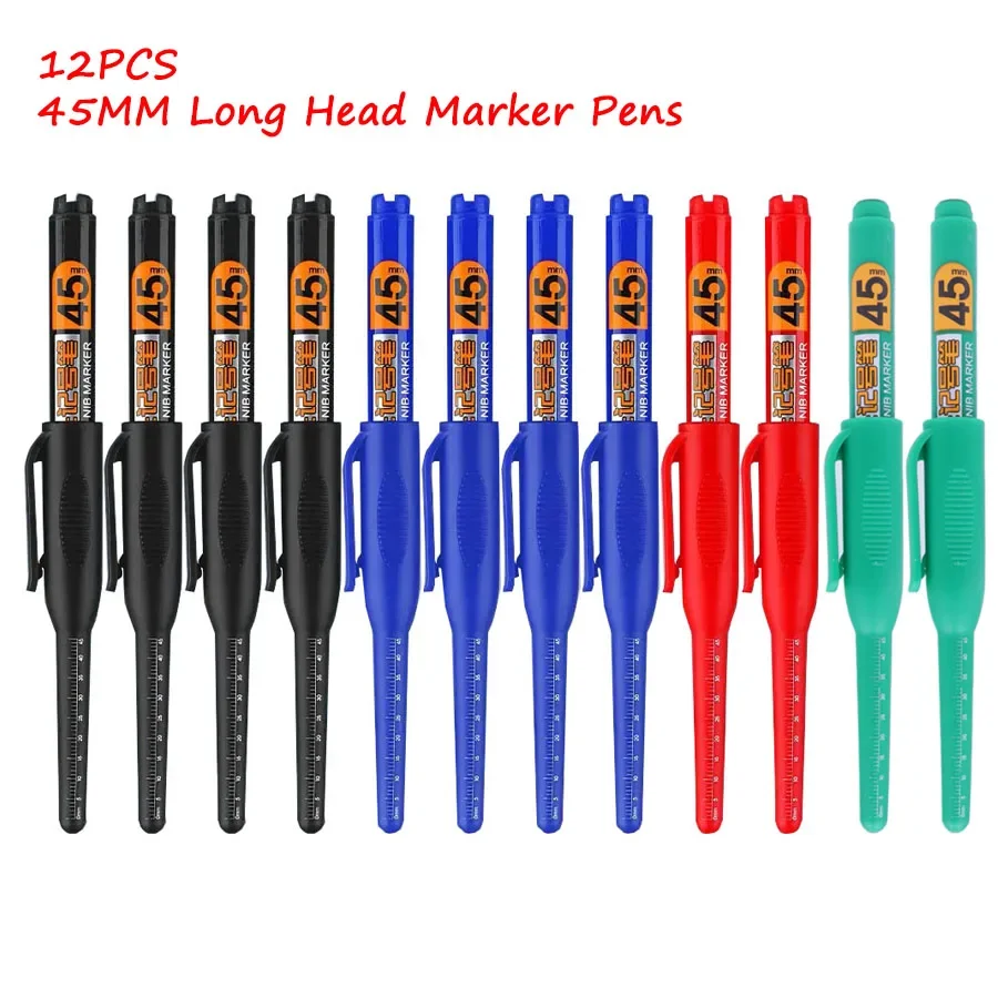 12Pcs Multi-Purpose 45mm Deep Drill Hole Long Nib Waterproof Marker Pens for Bathroom Woodworking Long Head Carpenter Pen White