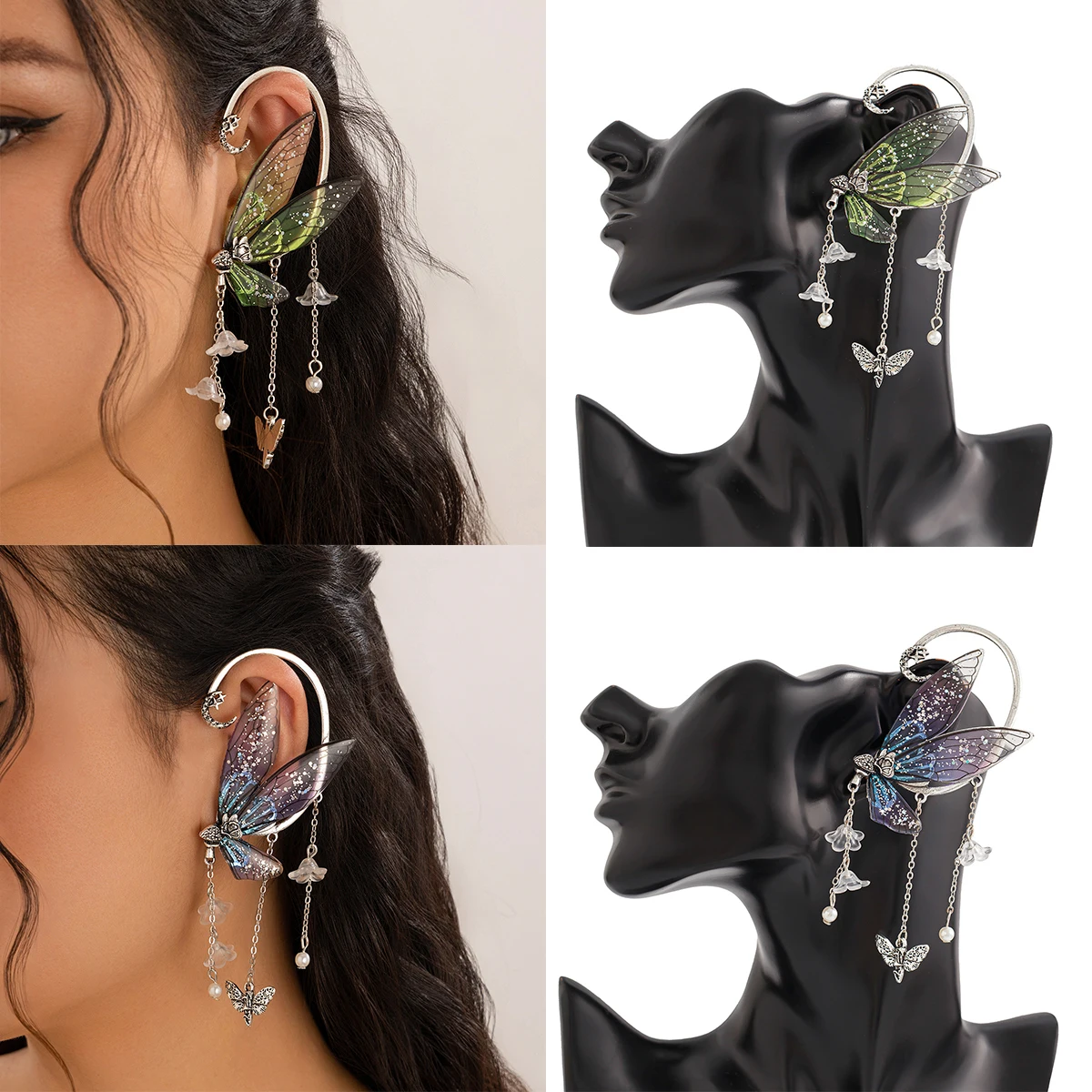 Trendy Elf-ear Tassel Ear Hanging Butterfly Earrings for Women Halloween Party Ear Clips Fashion Jewelry Accessories Wholesale