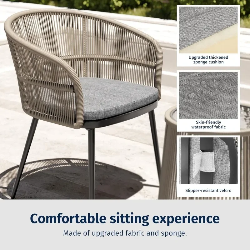 Breezeway Bistro 2 Wide Ergonomic Chairs Cushions & Glass Top Side Table, Outdoor All-Weather Wicker Furniture, 3 Pieces