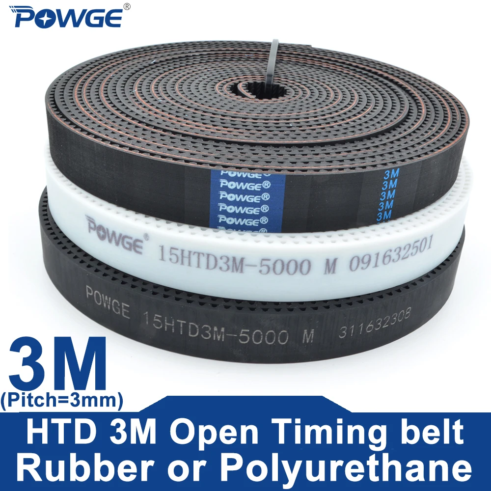 POWGE PU Black HTD 3M Open Timing belt Width 6-40mm Polyurethane steel Rubber Neoprene fiberglass HTD3M timing belt Laser CNC