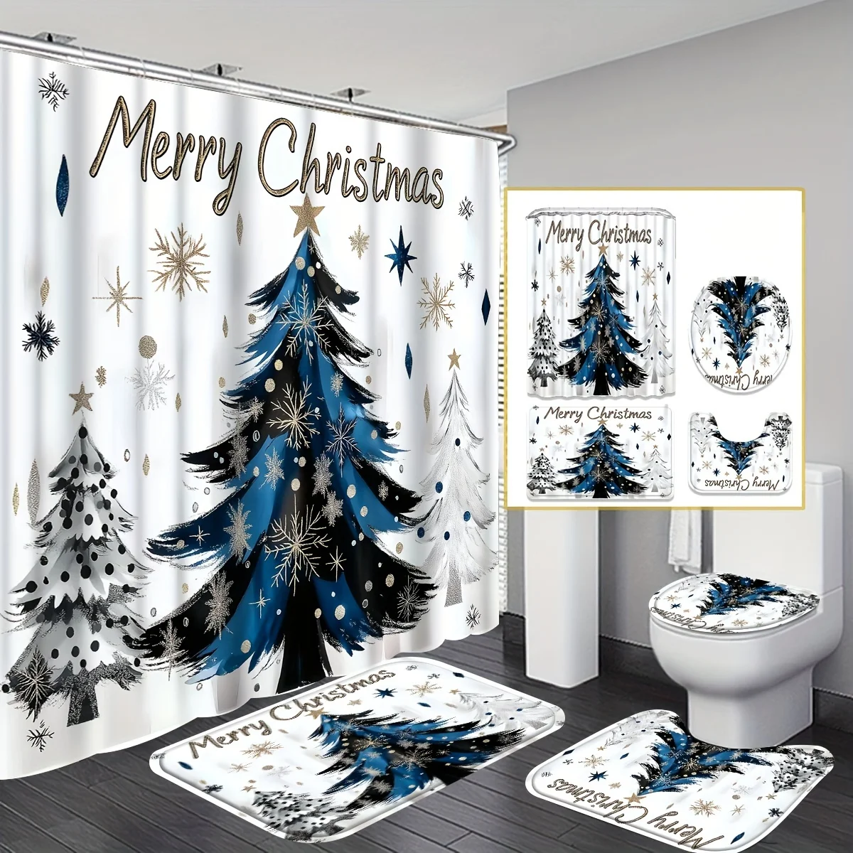 

4Pcs Xmas Winter Bath Set, Blue Christmas Tree, Shower Set, Non-Slip Mat, Toilet Cover, U-Shaped Rug, Hooks, Holiday Home Decor