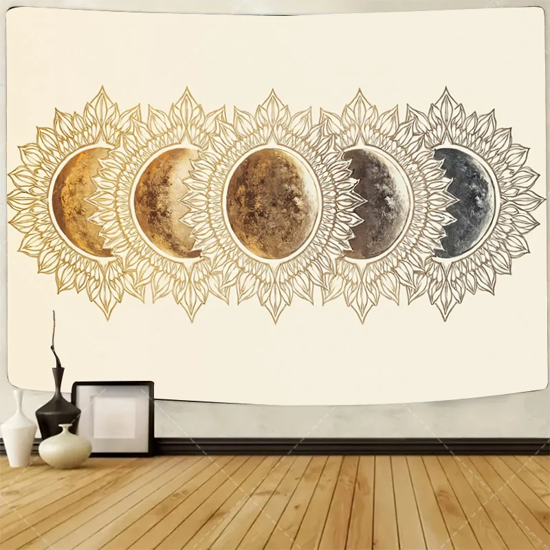 

1pc Wall Tapestry Boho Moon Phase Tapestry - Gold Floral Mandala Wall Hanging for Bedroom Decor