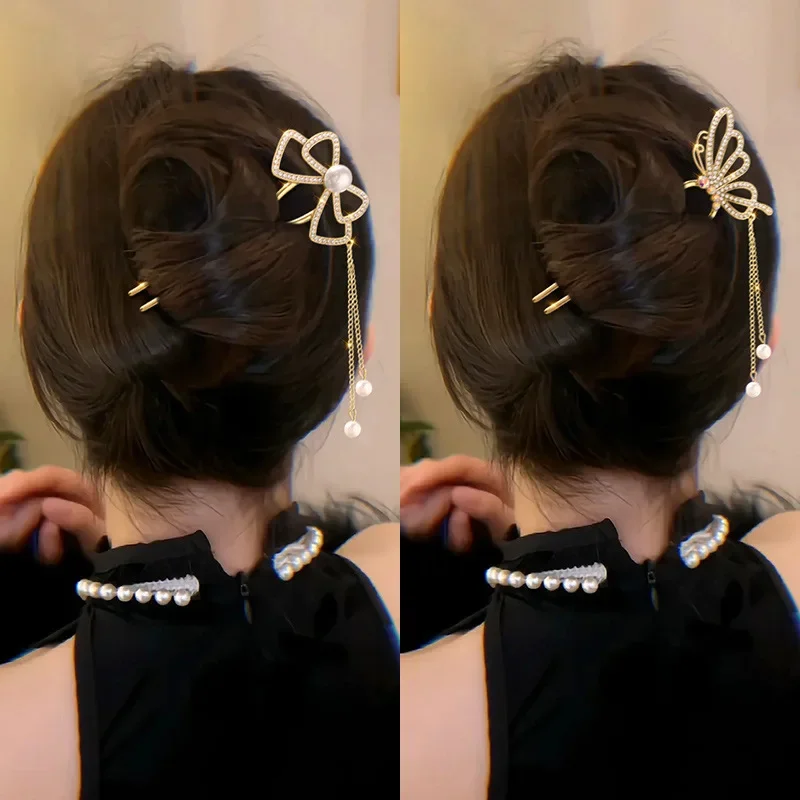 العتيقة نمط اللؤلؤ حجر الراين الراقية U على شكل شرابة دبوس الشعر النمط الصيني الجديد القوس عقال خوذة ملفوف الشعر التبعي