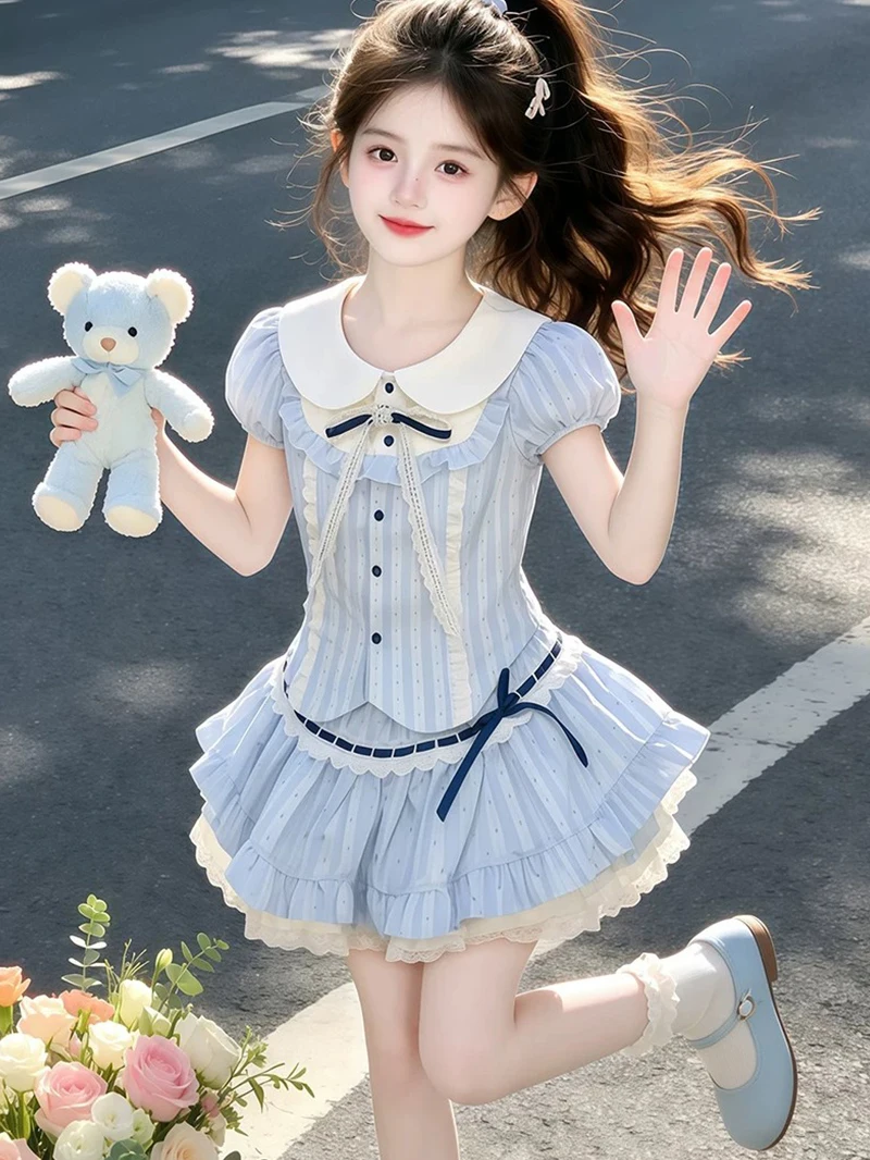 cute-school-uniform-style-girls-summer-outfit-two-piece-set-fashionable-children-jk-uniform-dress-skirt-set-for-kids