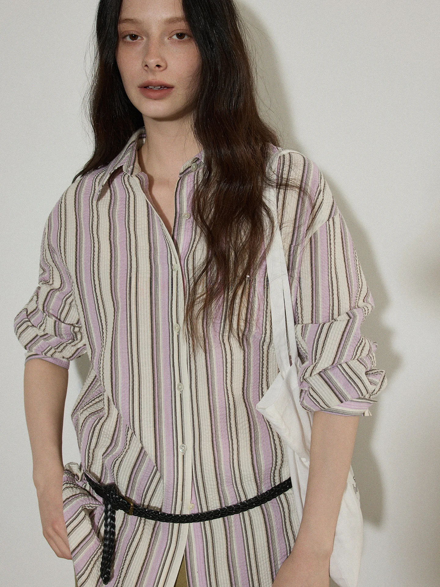 

Женская свободная рубашка Lofi Choose с длинными рукавами в полоску, весенняя новинка, дизайн с цветовыми блоками, универсальный топ для повседневной носки, модный стиль.