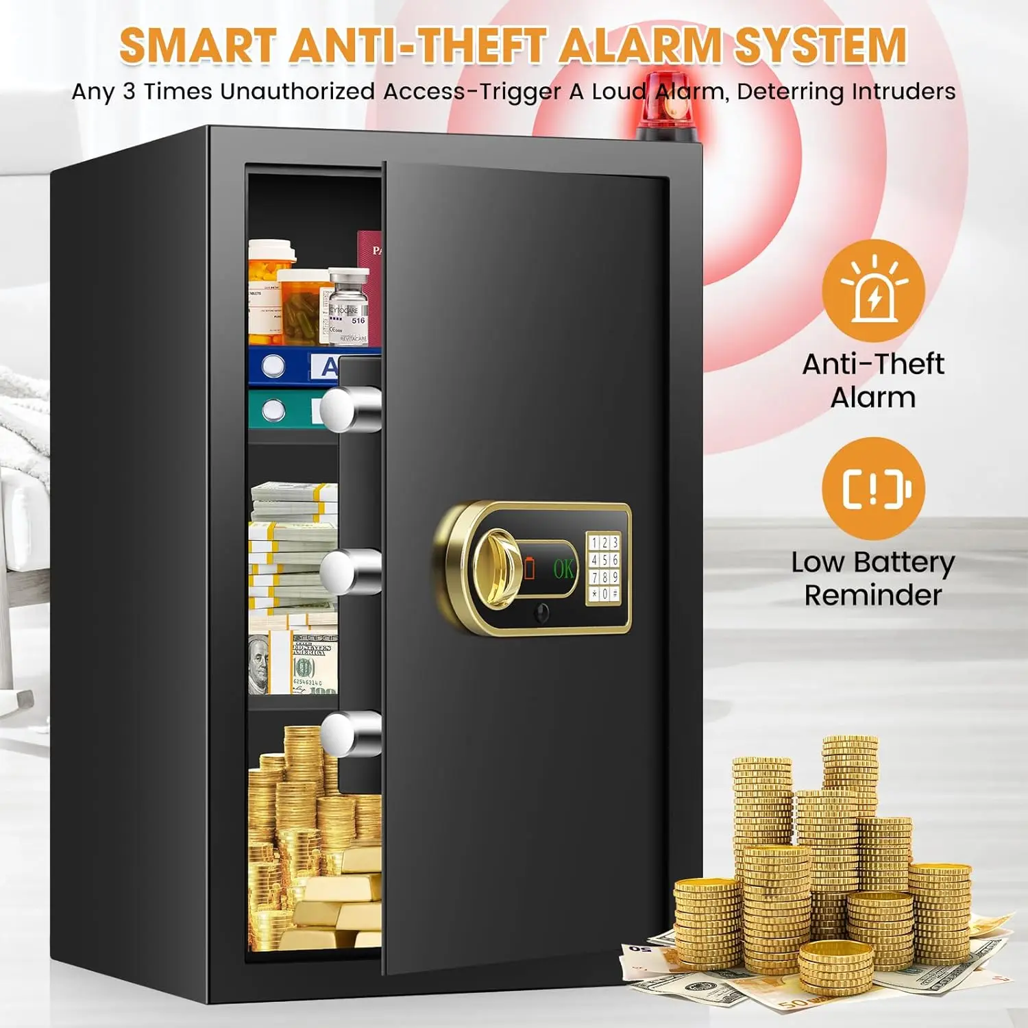 4.0 Cu ft Large Safes for Home Use Fire and Water Proof, Digital Security Fireproof Safe with Combination and Key, 2 Removable S