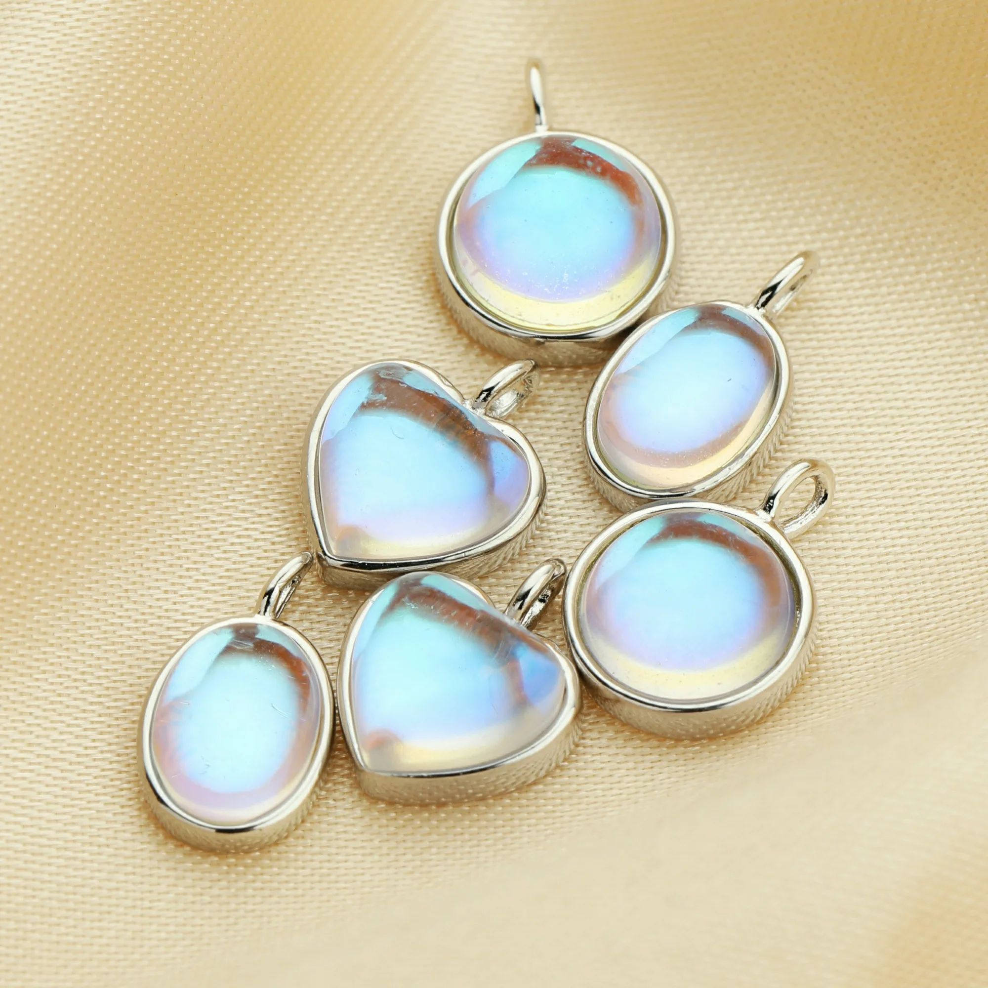 Simulated Glass Moonstone Charm,Round/Heart/Oval Solid 925 Sterling Silver Gold Plated Pendant Charm,DIY Pendant Charm 1431201