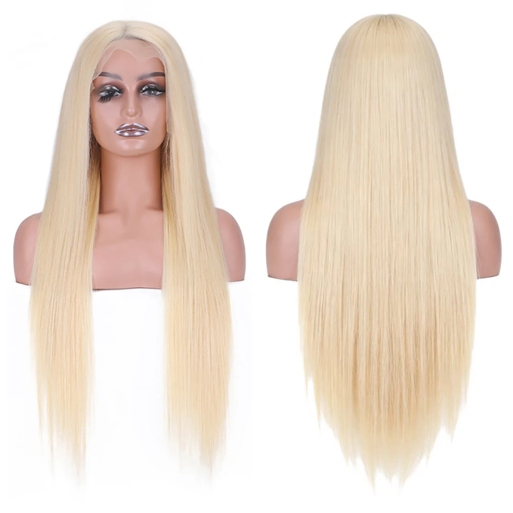 

613 Light Blonde Long Straight 13x4 Lace Frontal Wig Pre Plucked Glueless Synthetic Wig For Women Daily Party Cosplay Halloween