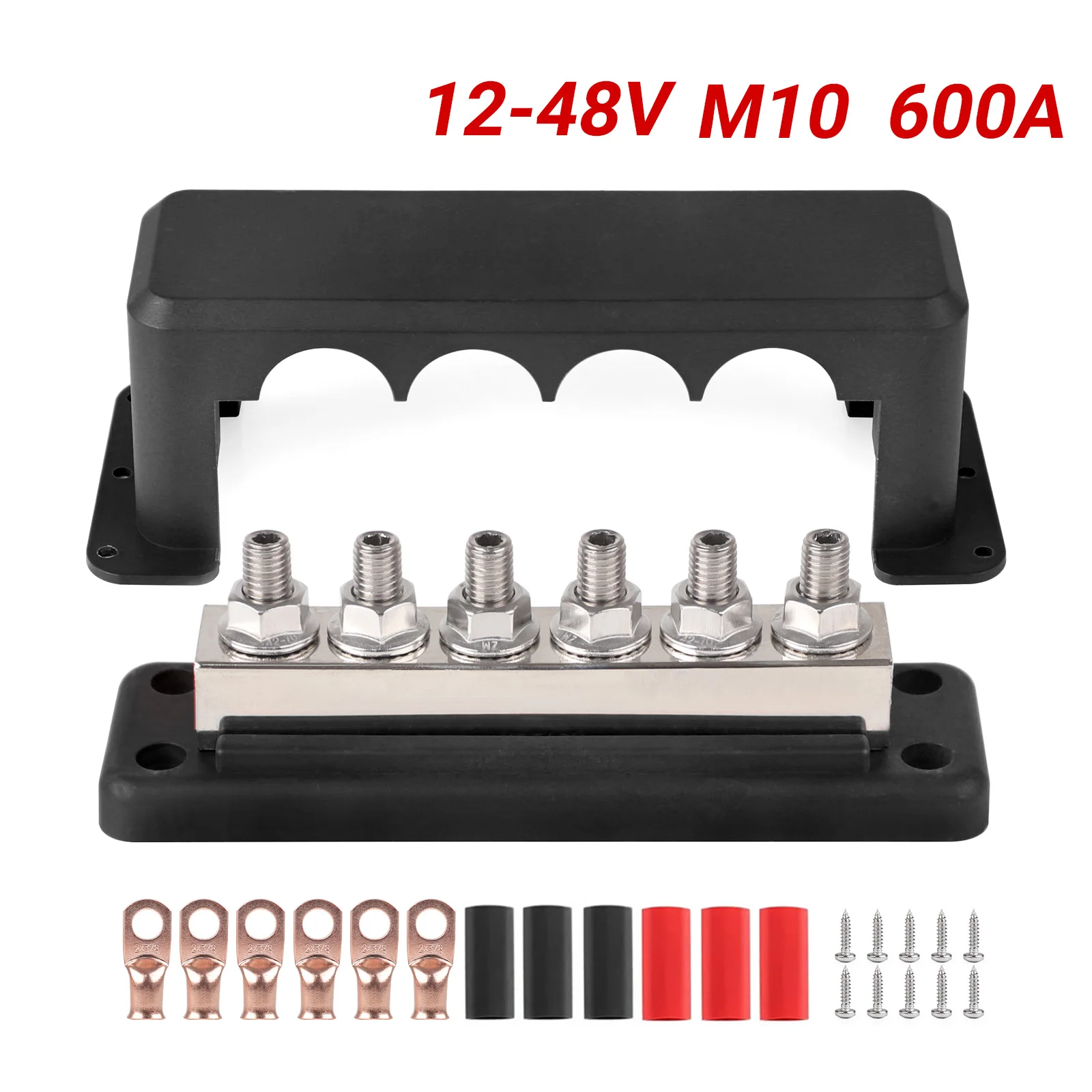 Busbar Battery Terminal Block with Cover copper Lugs Terminals 600A Bus Bar 6 x 3/8