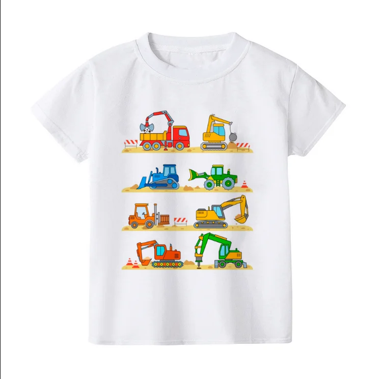 Summer Children Tshirt Construction Machines Print Clothes TractorWork Zone Kids Short Sleeved Tee Tops