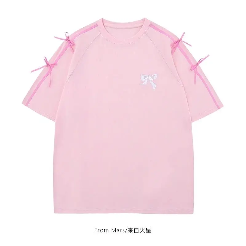 Japanese Sweet Girl Bow Ribbon Simple Round Korean Version Neck T-shirt INS Female Loose Wild Casual Short-sleeved Shirt Tide