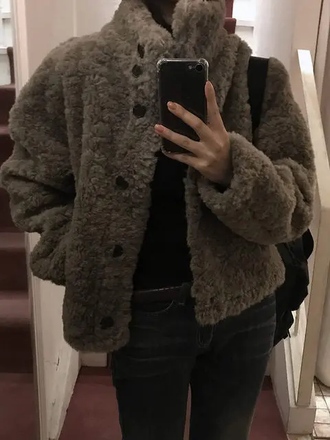 Korean Sle Stand Collar Warm ort Lamb Fur Jaet Women's Autumn Winter Single Button Coat Slimming College Sle Outerwear