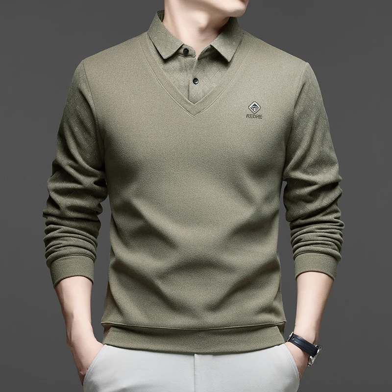 

Fashion brand fake two-piece checkered sweater men's premium new letter embossed lapel pullover business casual plush warm top