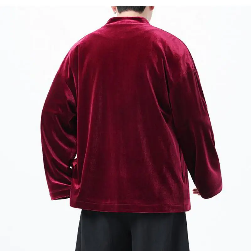 M-XXXXXL Plus Size Men's Vintage Chinese Style Stand Collar Long Sleeve Loose Flannel Coats Frog Button Casual Clothing Tops 5XL