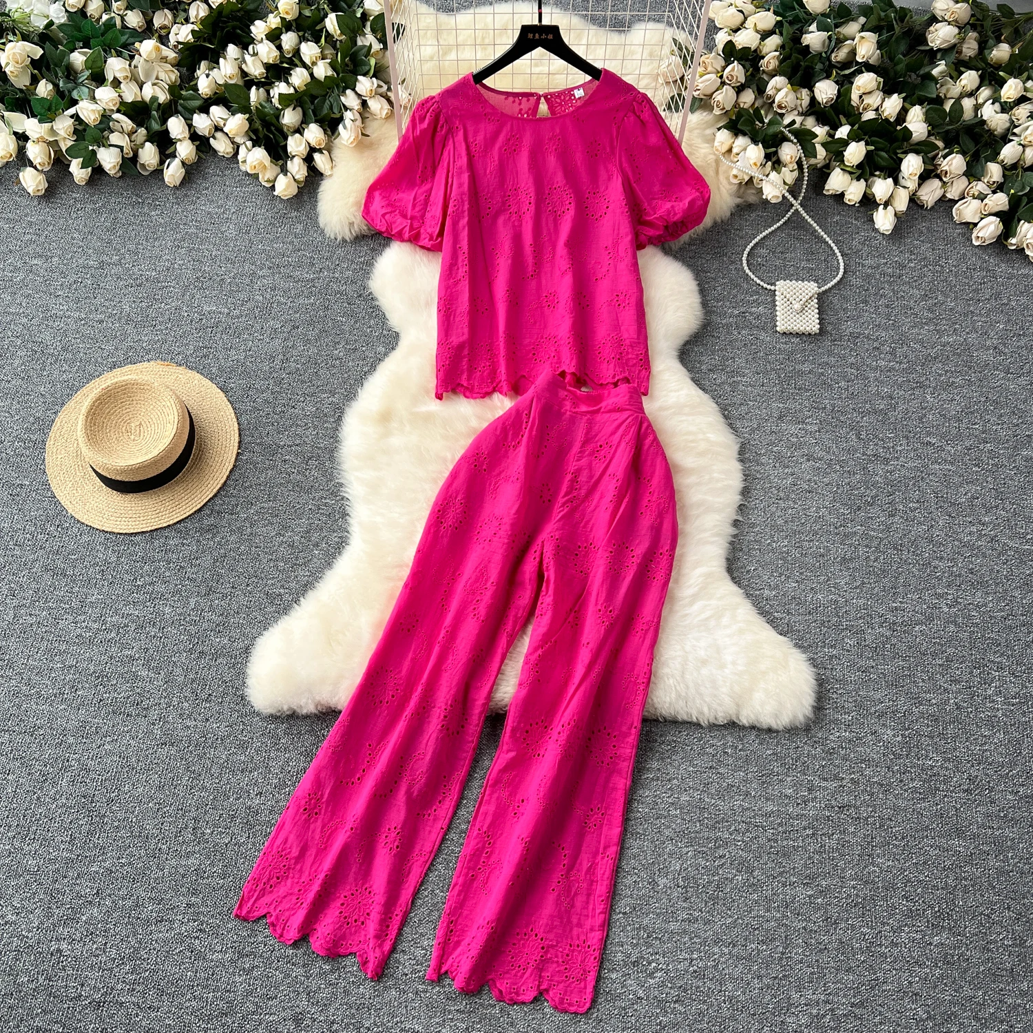 

Sexy Chic Two Pieces cut out Embroidery oneck puff sleeve and High Waist Wide Leg Pants Women Casual Vacation Summer Sets