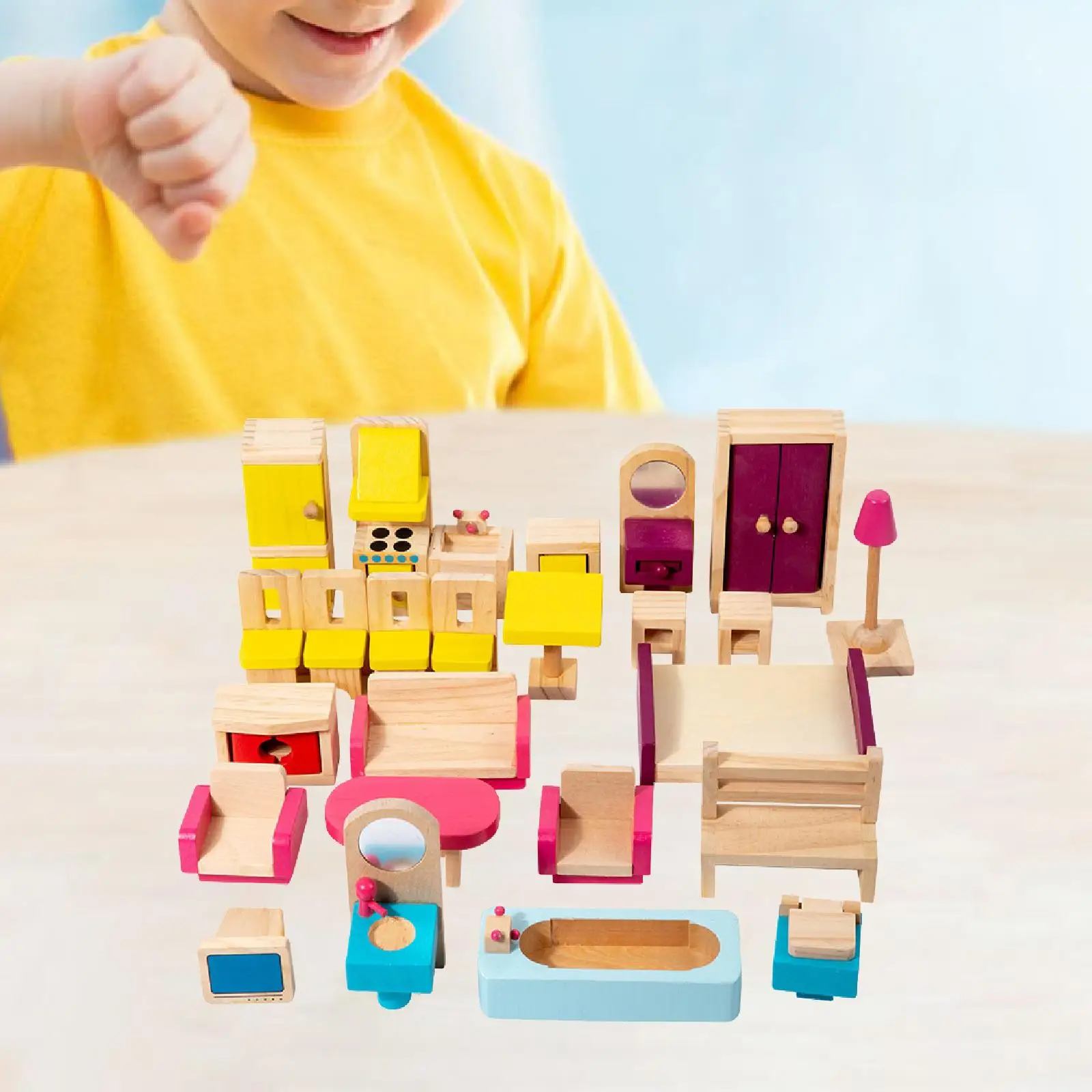 26 Pieces Wooden Dollhouse Miniature Furniture Set Role Play Games Kids Toy for Toddlers 3+ Kids Boys Girls Christmas Gift