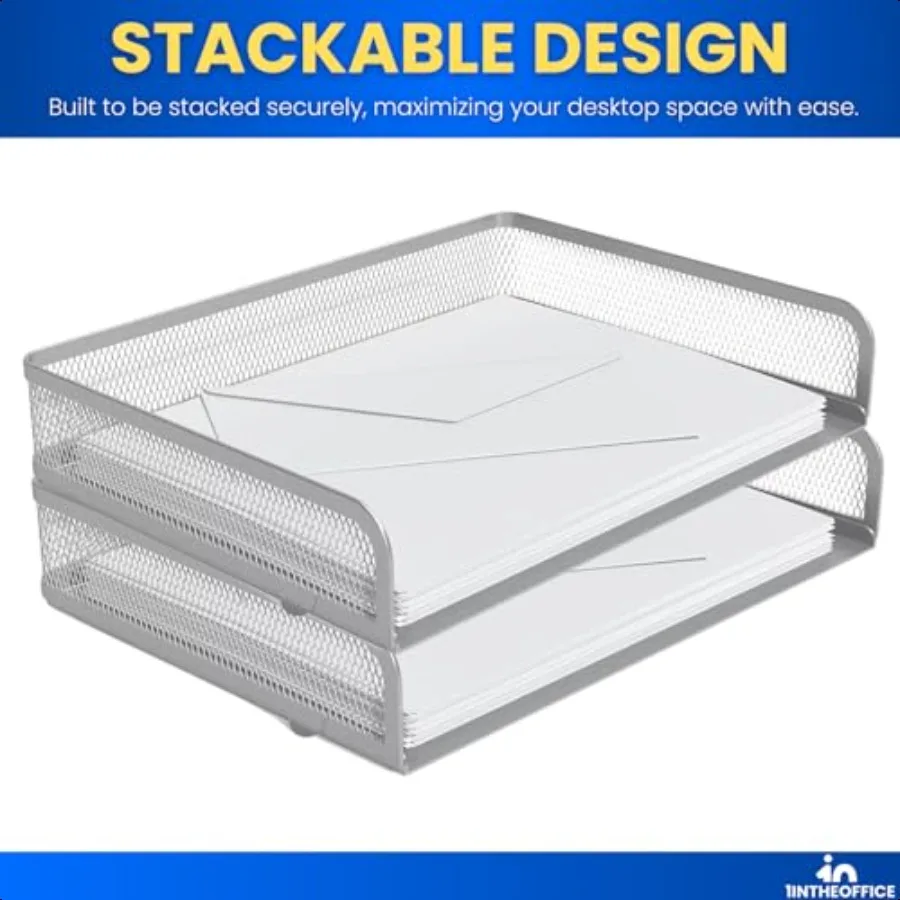 1InTheOffice مكتب صواني تكويم إلكتروني صينية ماتي الفضة سلك شبكة تحميل جانبي ورقة صينية المنظم 2 حزمة