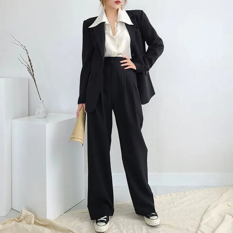 Women Spring Autumn Casual Suit Jackets Pants Two Piece Set 2024 New Office Lady Classic Black Blazers Trousers Workwear Outfits