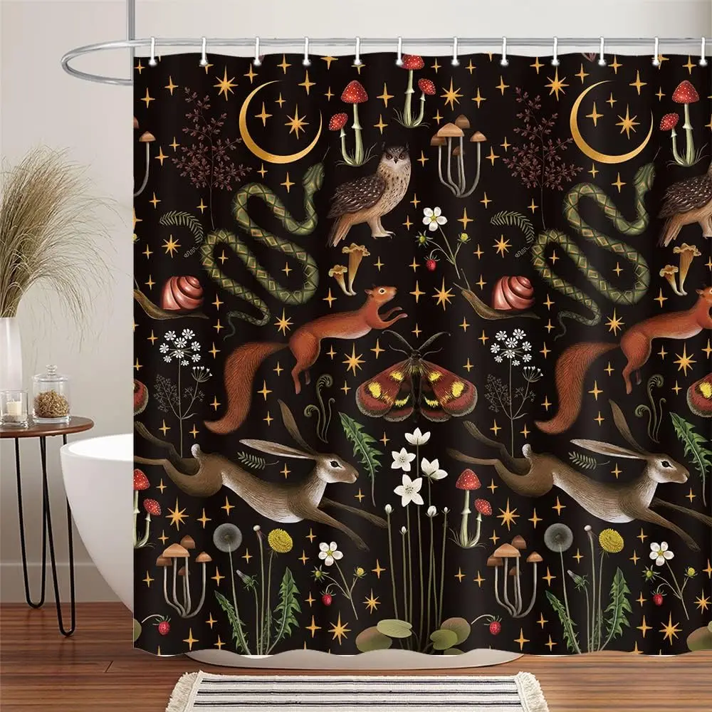 Fairy Village Forest Shower Curtain, Woodland Wildlife Butterfly Mushroom Hunting Shower Curtain, Shower Curtain with Hooks