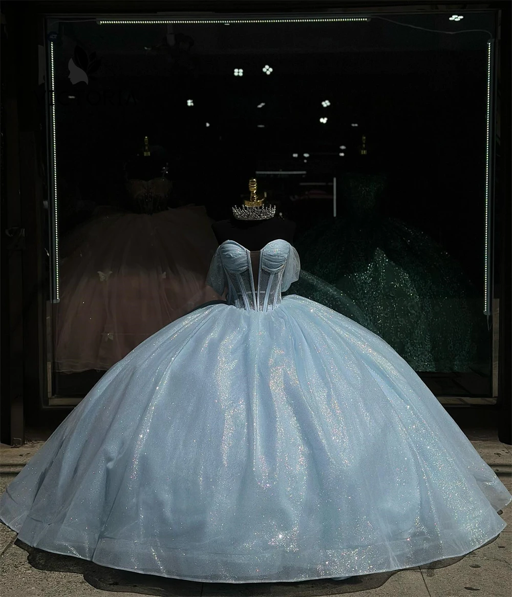 Dream Blue Shinning Off bahu gaun kesayangan Quinceanera gaun pesta Meksiko Gaun enam belas manis gaun pernikahan korset