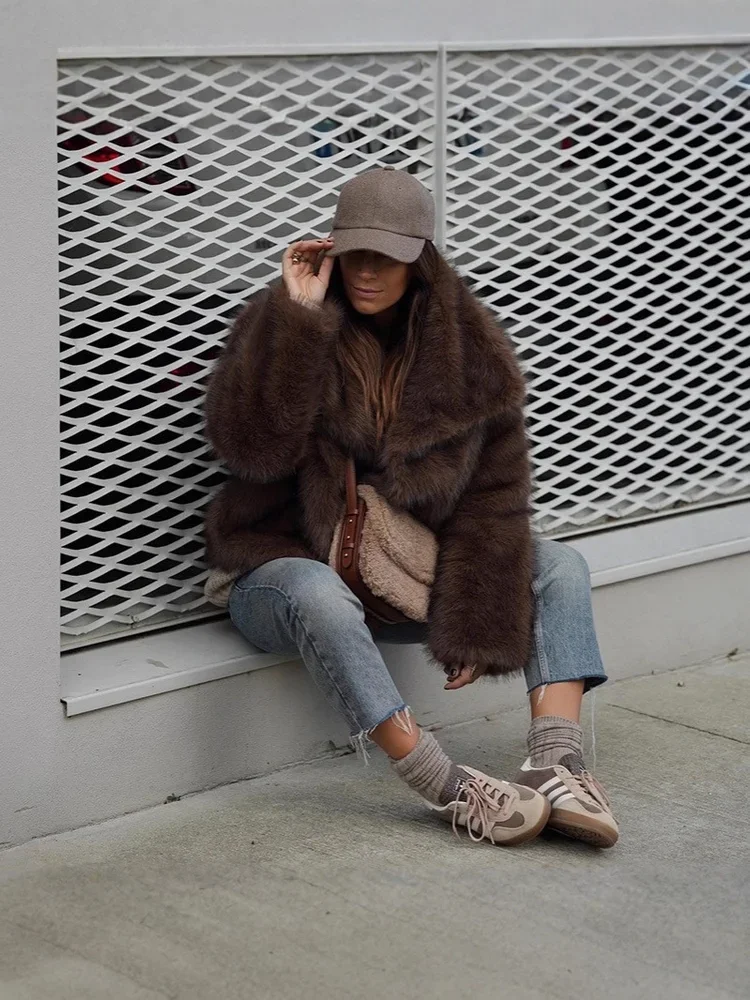 Inverno quente café colorido suave encantador confortável elegante deslocamento namoro lapela outerwear moda pele do falso