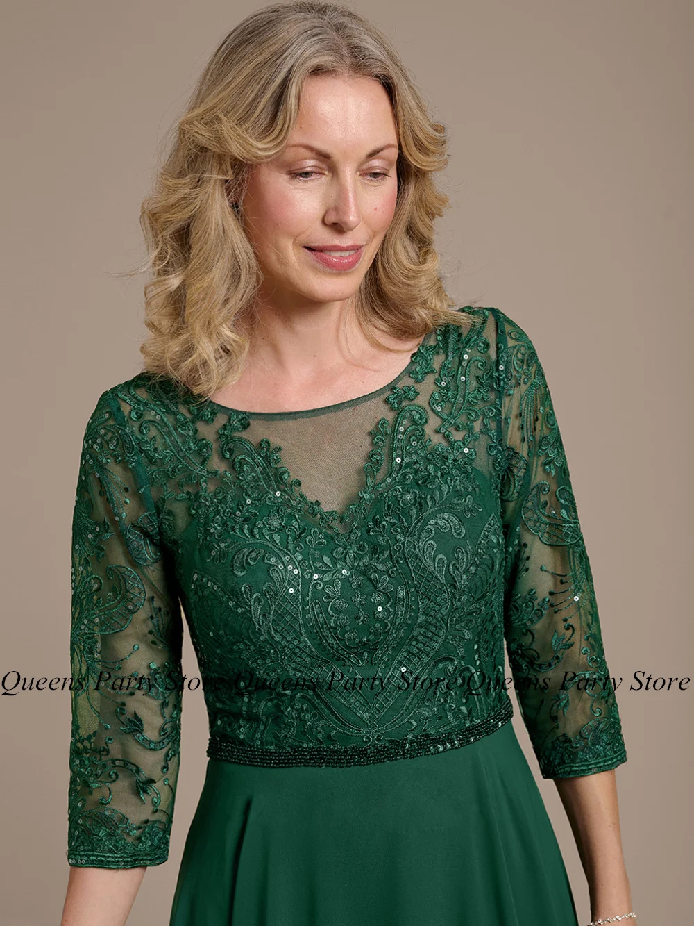 Green Mother of The Bride Dress Scoop Neck 3/4 Sleeves Sparking Sequined Applique Chiffon A Line Wedding Guest Gown Party Dress