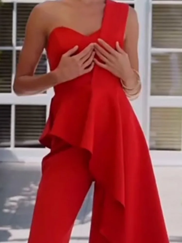 

Элегантный длинный брючный костюм с высокой талией, сексуальный топ с открытыми плечами, нерегулярный верх, женский повседневный уличный однотонный прямой комплект-труба