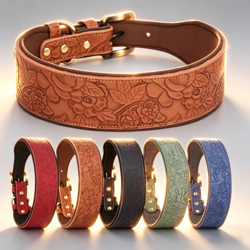 Image of Geprägtes Kunstleder-Hundehalsband, verstellbar mit goldener Schnalle & D-Ring, weich gepolstert, strapazierfähig, für kleine bis mittelgroße Hunde