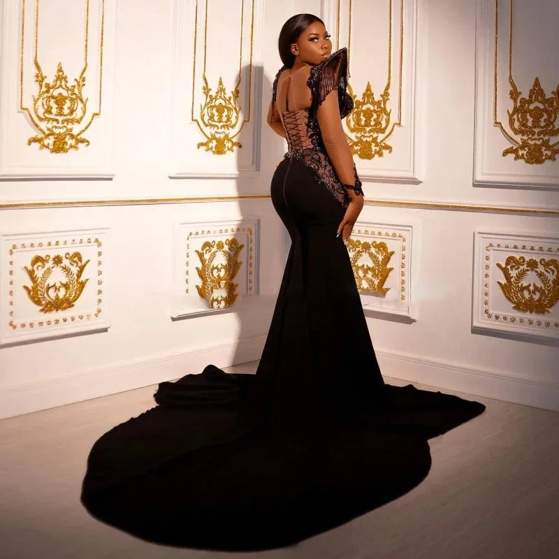Luxury Evening Dresses Aso Ebi Mermaid Prom Dresses Corset Robe De Soiree Tassels Party Dress Full Sleeves Beading Long Sequin image 2