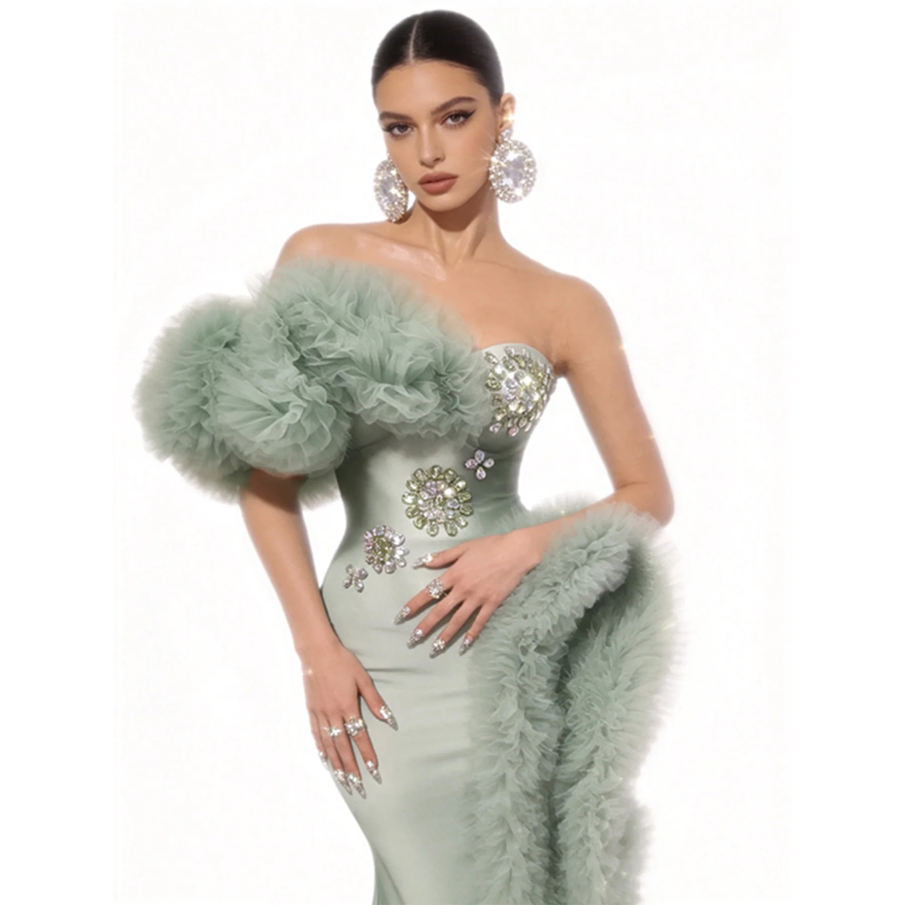 Migua Ladies One Shoulder Puffy Tulle Maxi Gown Mint Green Satin Floral Rhinestone Pageant Dress