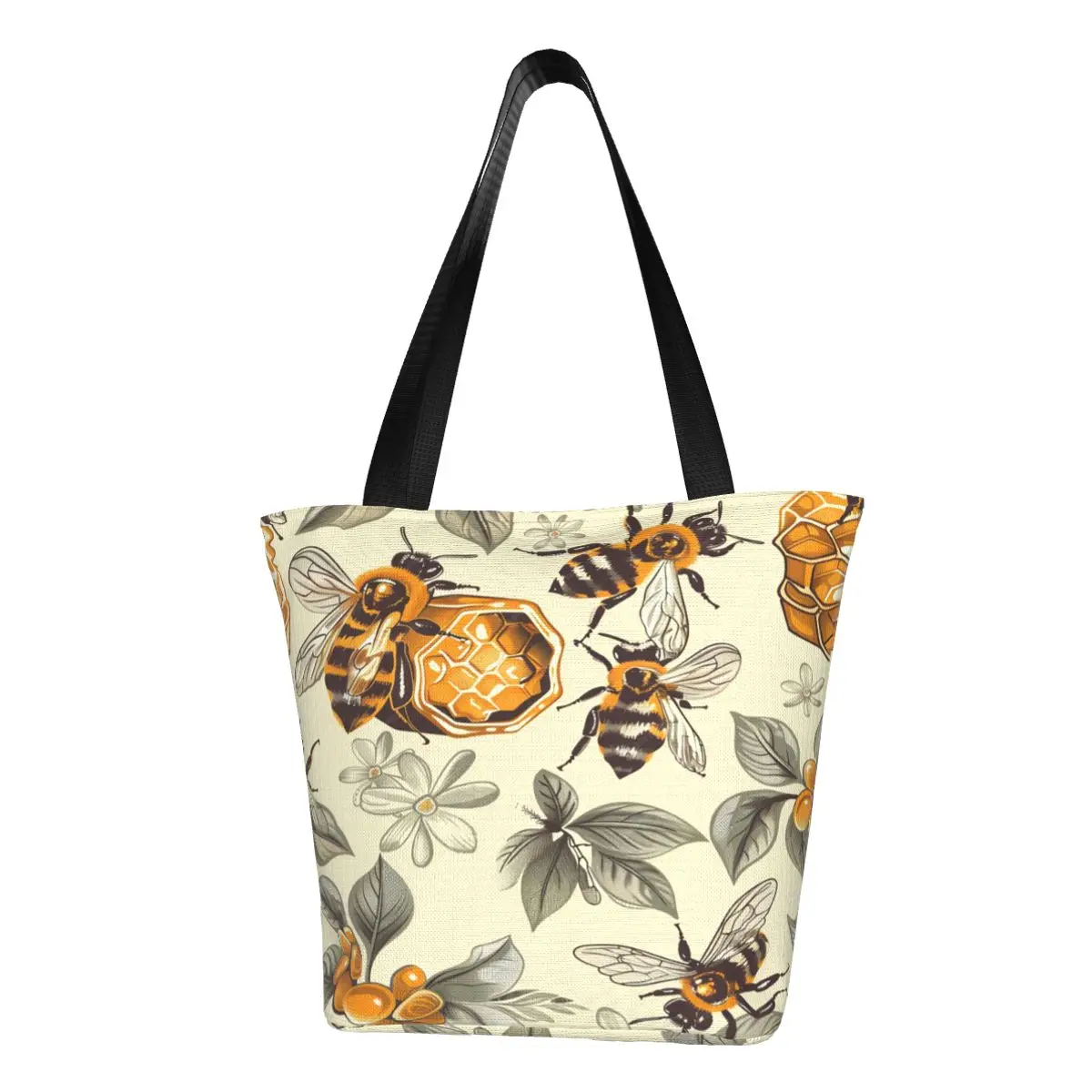Custom Fashion Printed Bees Honey Flowers Tote Shopping Bags Recycling Canvas Shoulder Shopper Handbag