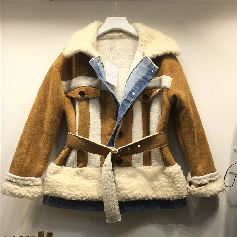 

2023 Faux female fur coat new winter imitation lambswool flocking thick jacket fashion chic patchwork denim outwear streetwear