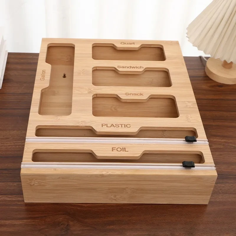 For Wooden Plastic Wrap Cutter Kitchen Bamboo Wall Mounted Box Household Storage Dispenser for Cling Film Foil Paper