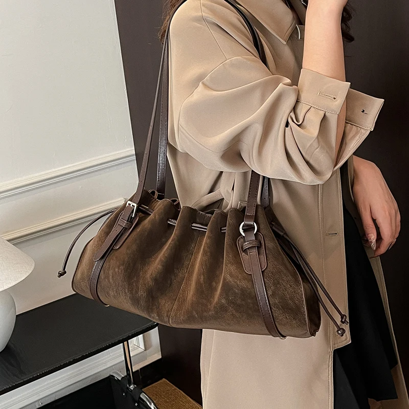 

PU Leather Drawstring Shoulder Bag Large Capacity 2-in-1 Top Handle Crossbody Minimalist Casual Daily Commute Handbag for Women