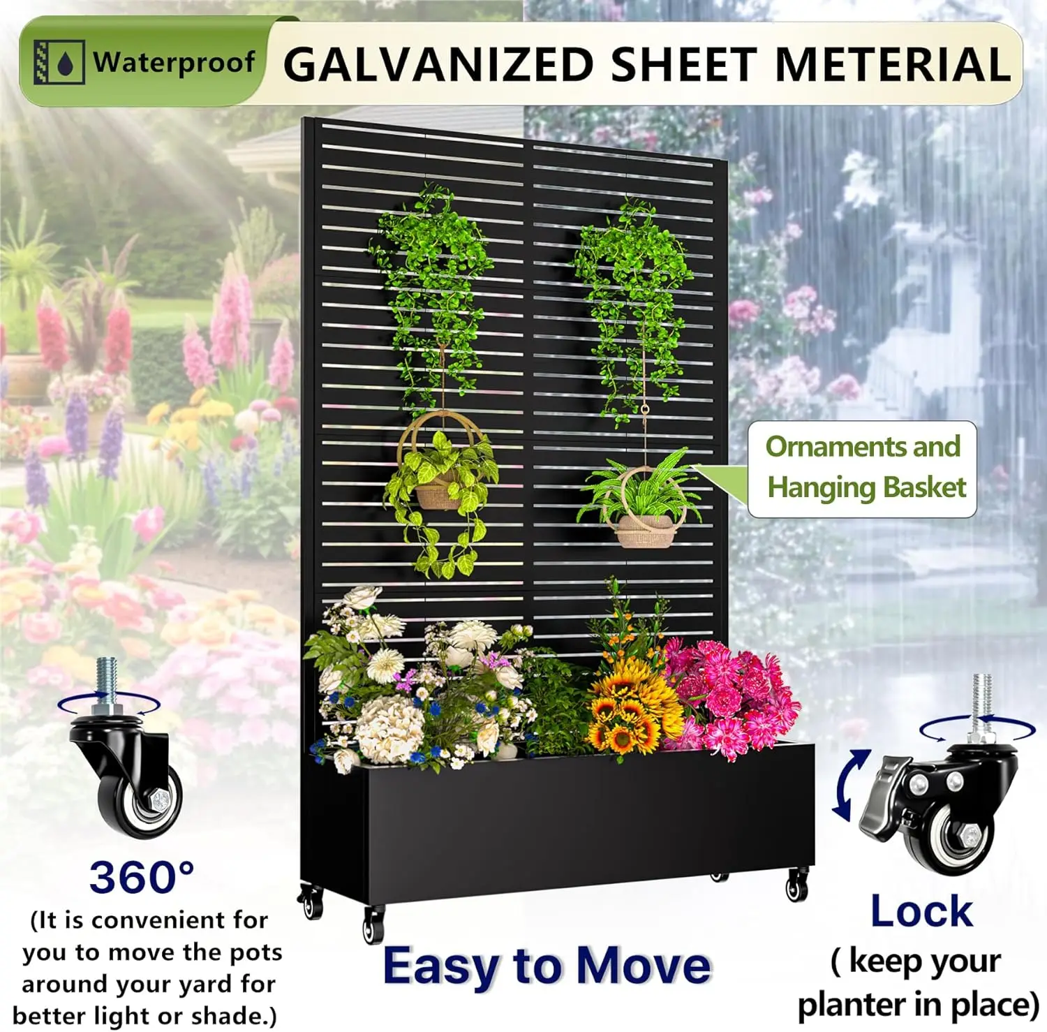 Outdoor Gardening Galvanized Steel Planter Box in Black, with Trellis, Privacy Screen, Drainage Holes & Lockable Casters view 3