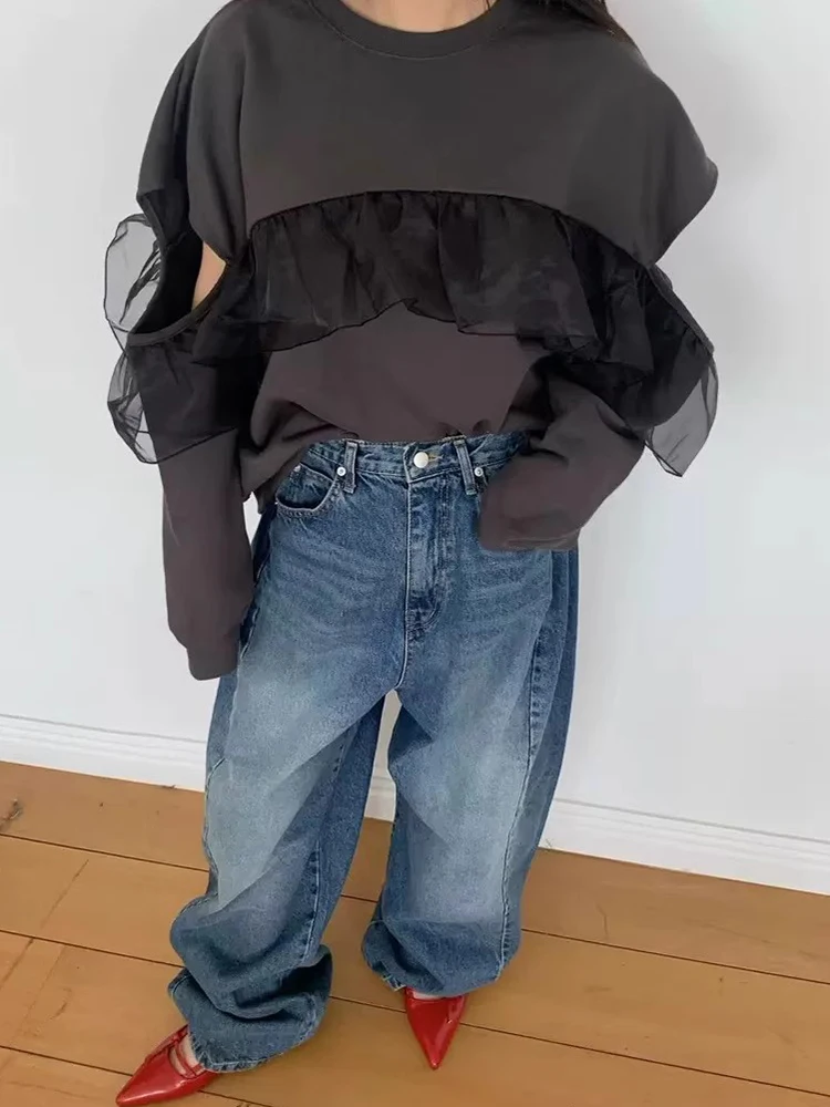 Clothland femmes élégant sweat à volants col rond découpé à manches longues pull femme mode Chic hauts HA613