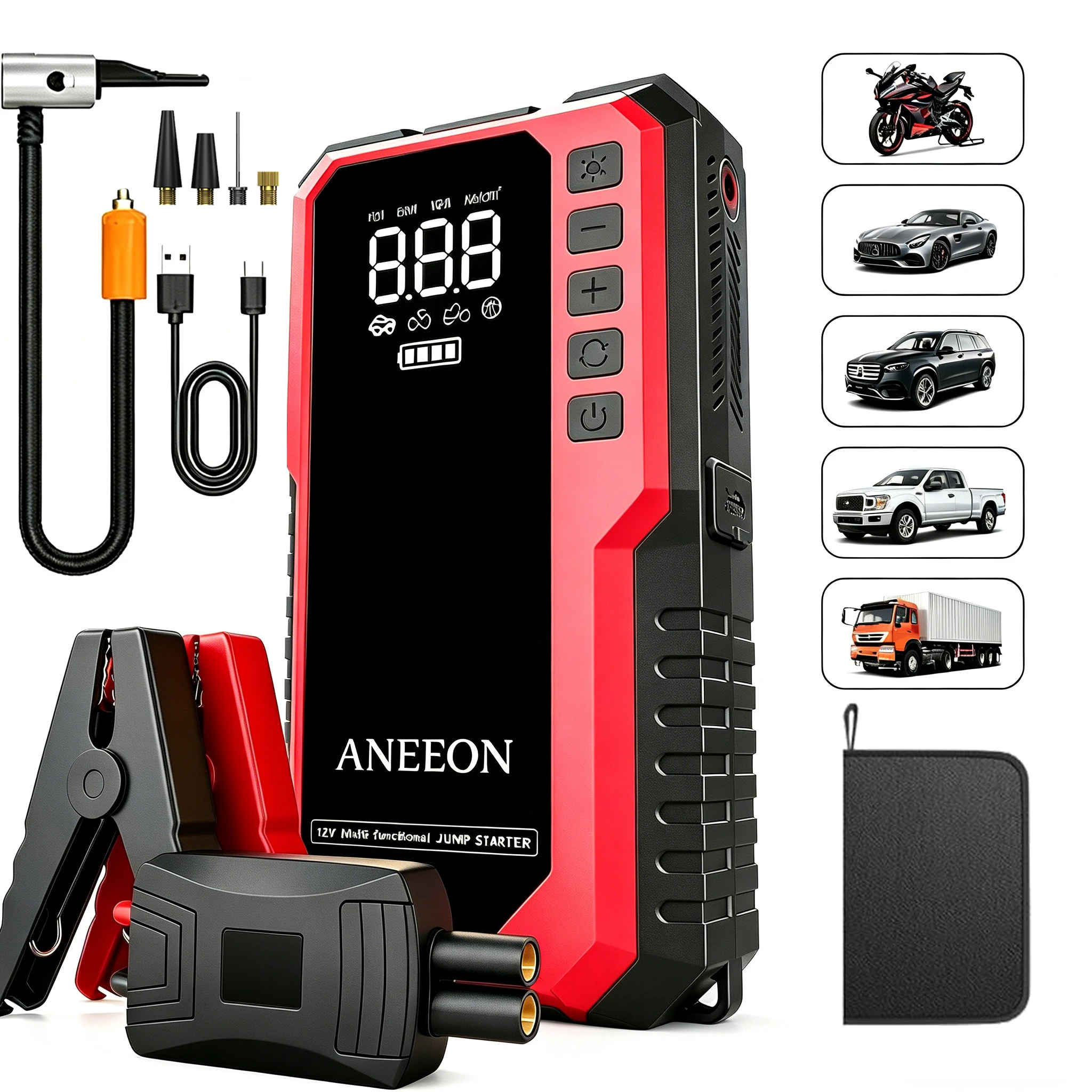 Image of High Peak Tragbarer Auto-Notfall-Starthilfe mit Reifenfüllfunktion, tragbarer Batterie-Booster-Pack, mit Notfallstart, Reifenfüllung, USB-Ein-/Ausgang, LED-Beleuchtung, LCD-Digitalanzeige -
