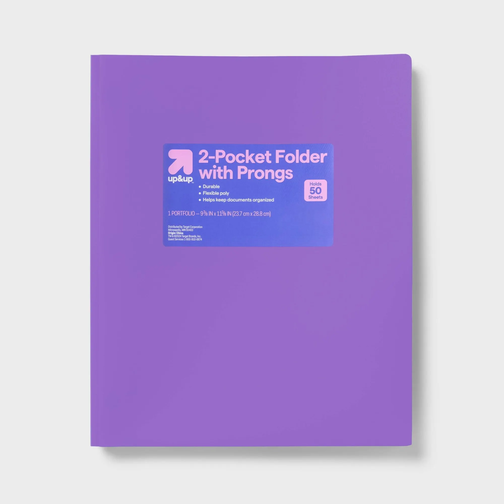 2 Pocket Plastic Folder with Prongs Purple: School Supplies, Polypropylene, 50 Sheet Capacity, 2 Internal Pockets view 2