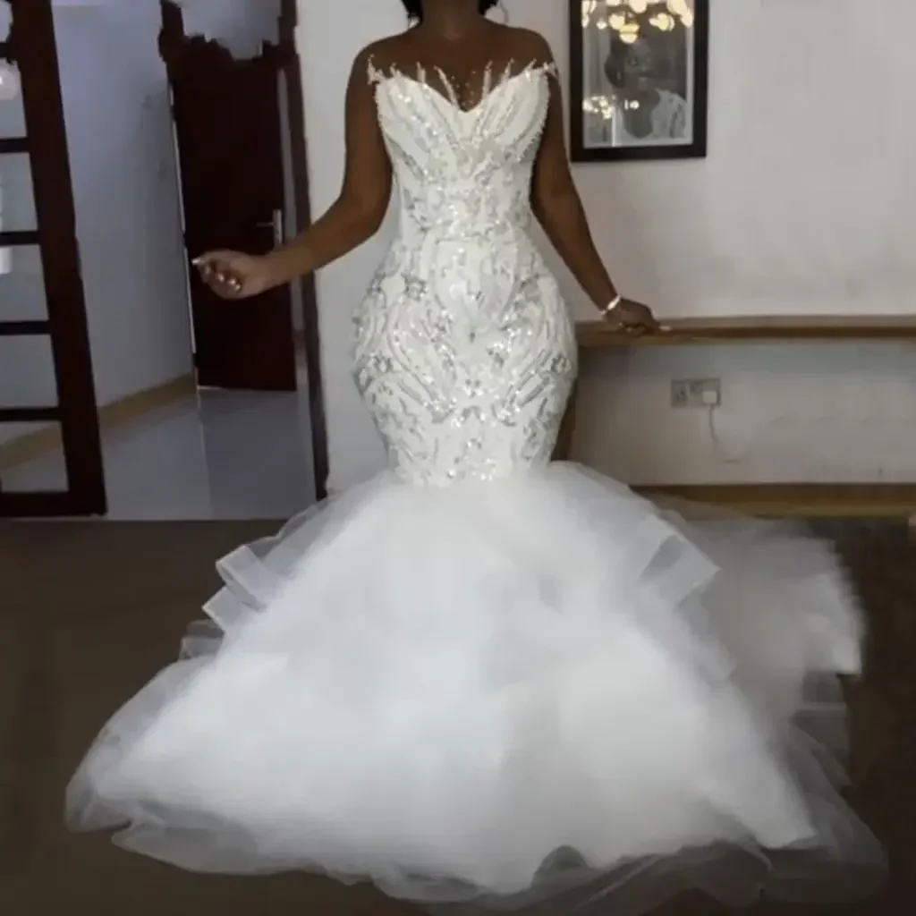 

Customized Beauty Sweetheart Full Beads Sequins Mermaid Wedding Dress For Bride Vestido De Casamento African Bridal Gowns