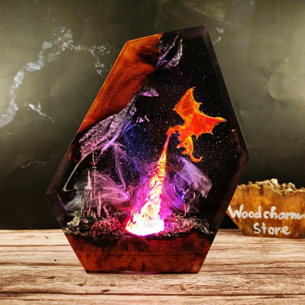 Fiery Dragon Assault Castle Organism Resin Table Light Creactive Art Decoration Lamp Flying Dragon Theme Night Light  USB Charge