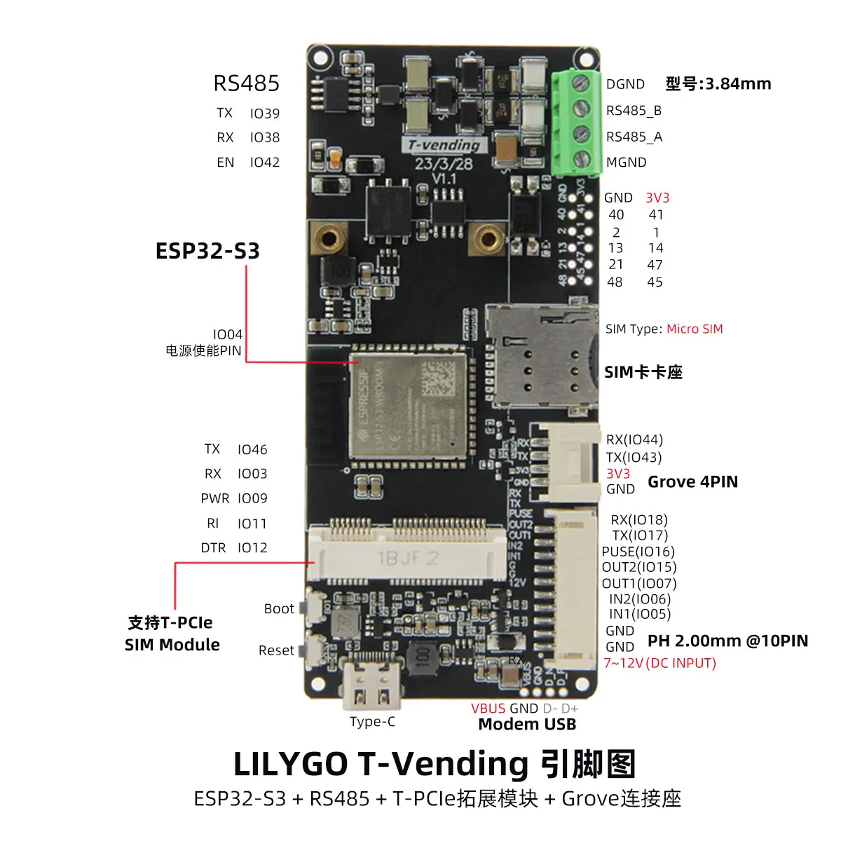 LILYGO  T-Vending ESP32-S3 RS485 Support T-PCIE Expansion Module Grove