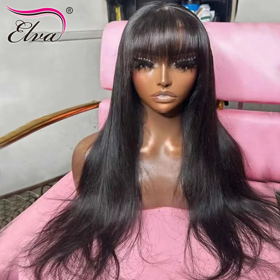 Elva الطبيعية الأسود بانج HD الدانتيل الجبهة الباروكات قبل قطعها مستقيم غلويليس HD الدانتيل إغلاق شعر مستعار ابيض عقدة HD الباروكات للنساء