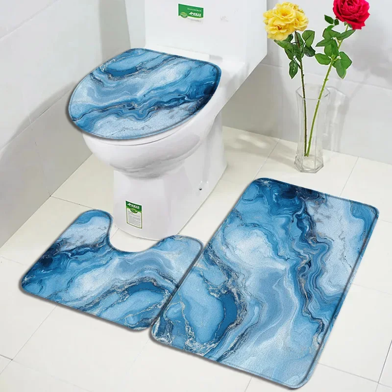 Abstract Marble Bath Mat Set Blue Ink Texture Green Geometric Pattern Modern Home Bathroom Decor Non-Slip Rugs Toilet Member Cov