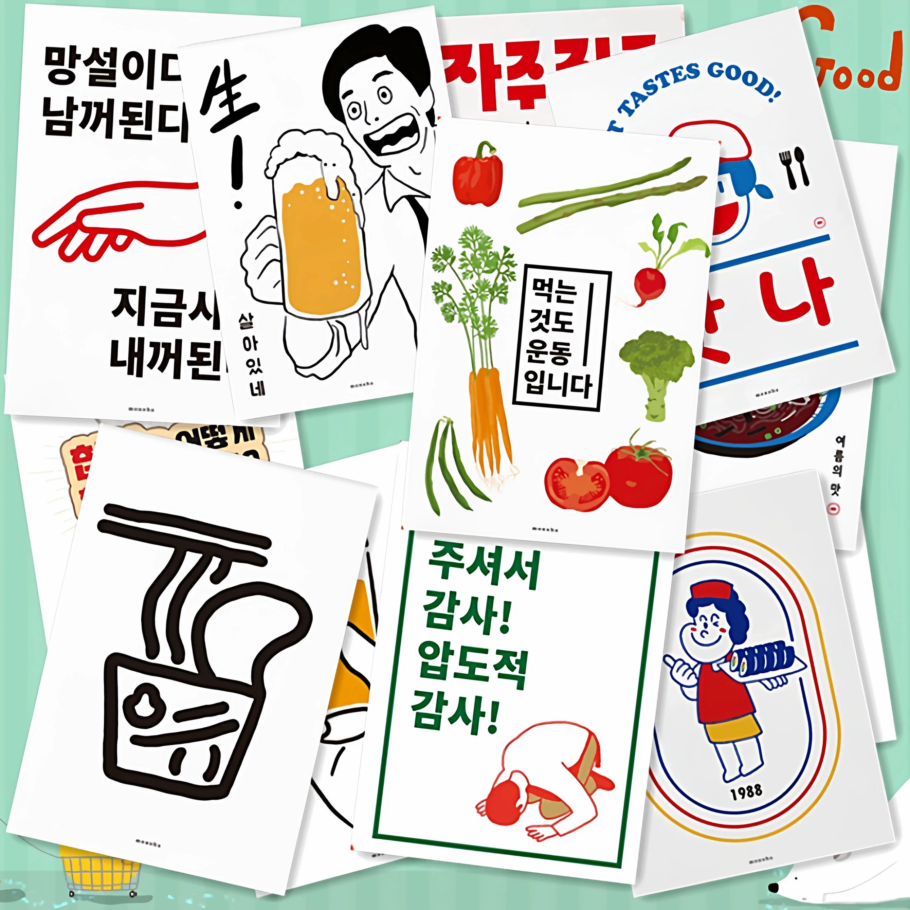 12pcs Korean Cultural Elements Comic Poster Shop Decor  BBQ Restaurant Background Wall Decals