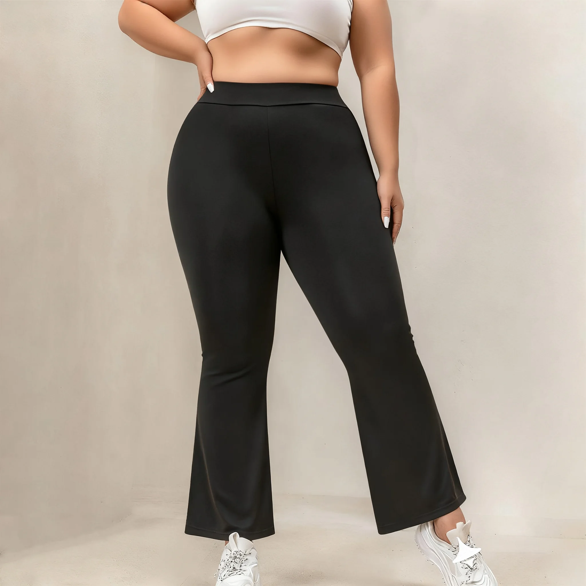 

Женские эластичные модные брюки-клеш с высокой талией больших размеров, длинные брюки для похудения