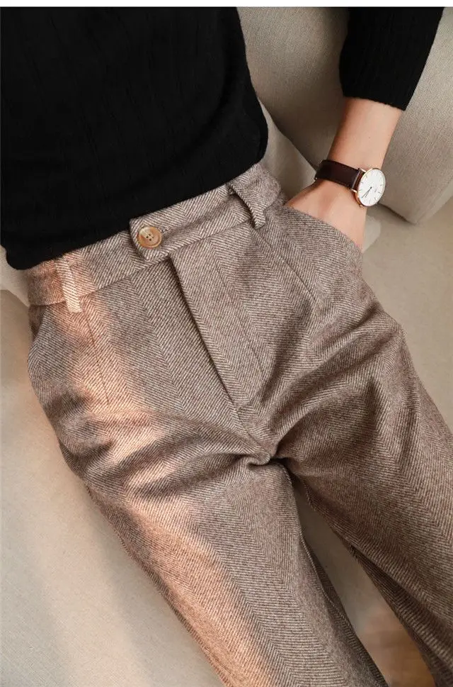 Wool Woolen Harem Trousers Women's Autumn and Winter New High Waist Slimming Ankle-Tied Suit Pants Loose Casual Cigarette Pants